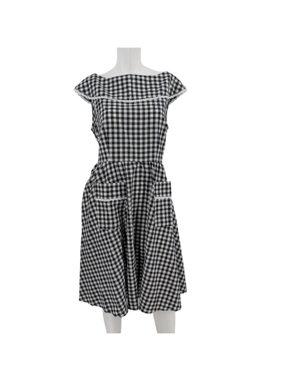 Gingham Fit Flare Dress Cottage Lace Trim Retro 50s Rockabilly Twee Pockets XXL
